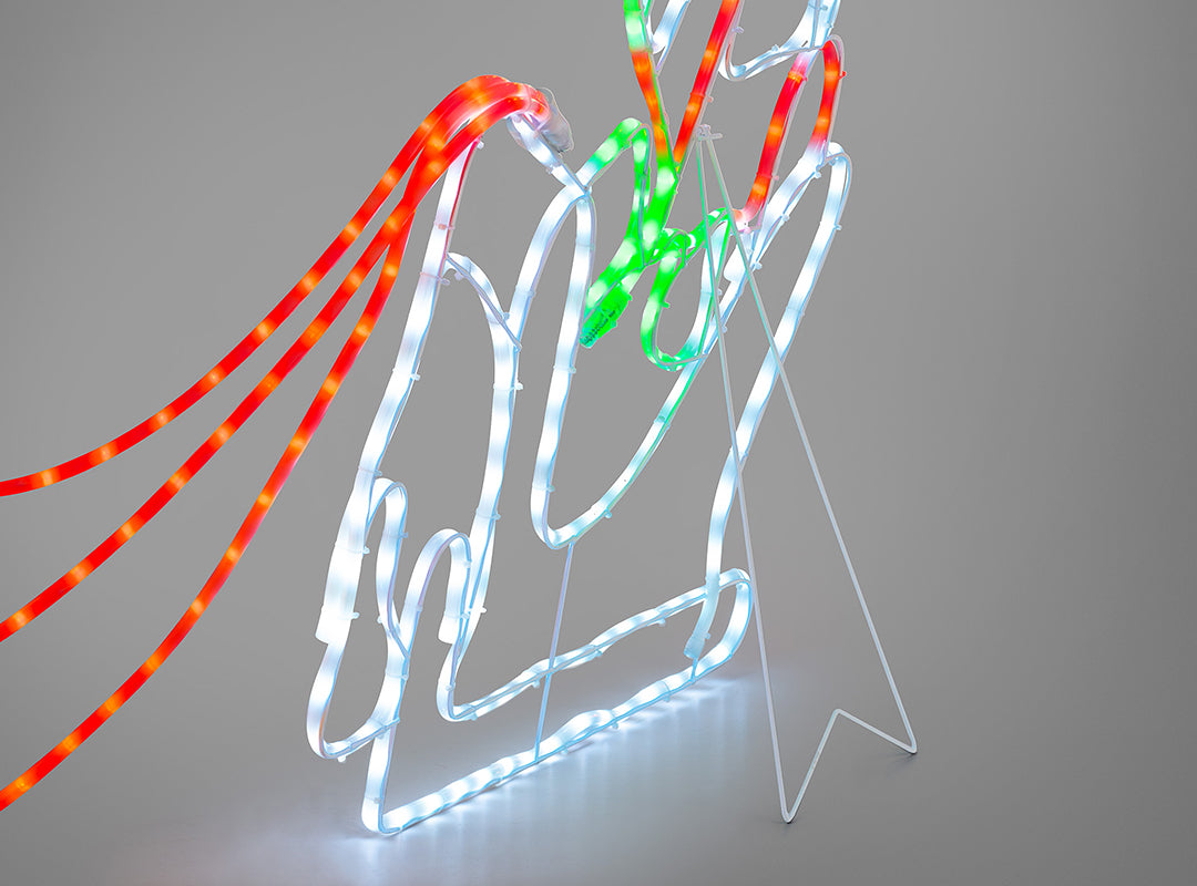 Close-up of the white wire folding stand on the Santa sleigh section of the Christow Santa Sleigh & Reindeer Rope Light, shown unlit against a grey background