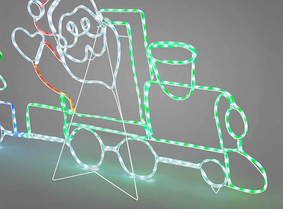 Close-up of the white wire folding stand on the locomotive section of the Christow Christmas Train Rope Light, shown against a grey background