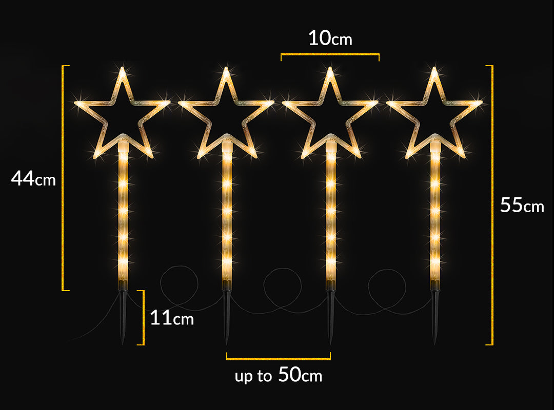 Dimensions of the Christow LED Christmas Star Path Lights: each light measures 55cm high including an 11cm ground stake and 10cm wide, with up to 50cm spacing between lights