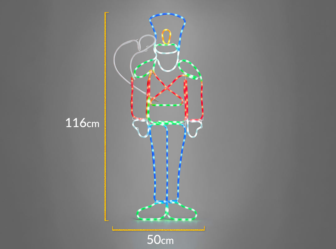 Christow Nutcracker Christmas Rope Light dimensions – 50cm wide x 116cm tall, shown glowing with multi-coloured LEDs against a grey background