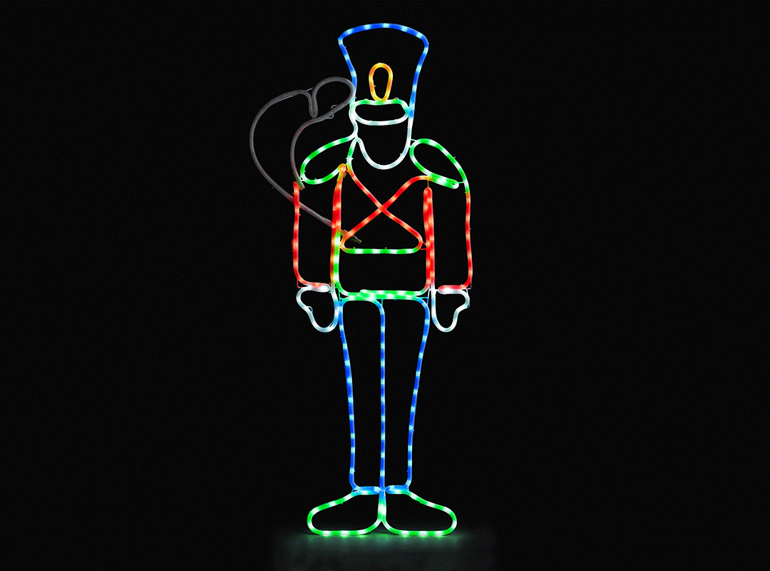 Animated image of the Christow Nutcracker Christmas Rope Light showing the saluting arm animation, with multi-coloured LEDs glowing against a black background