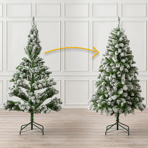 Christow Chamonix Spruce Flocked Artificial Christmas Tree before and after arranging and fluffing its hinged branches