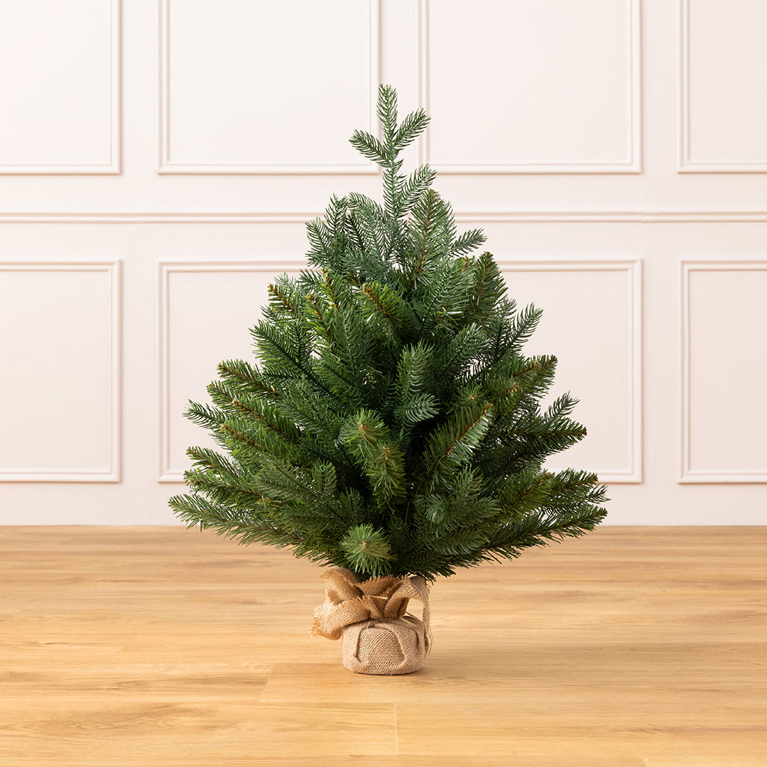 Christow 2ft Mini Spruce Artificial Christmas Tree with a full, bushy shape and hessian-wrapped base