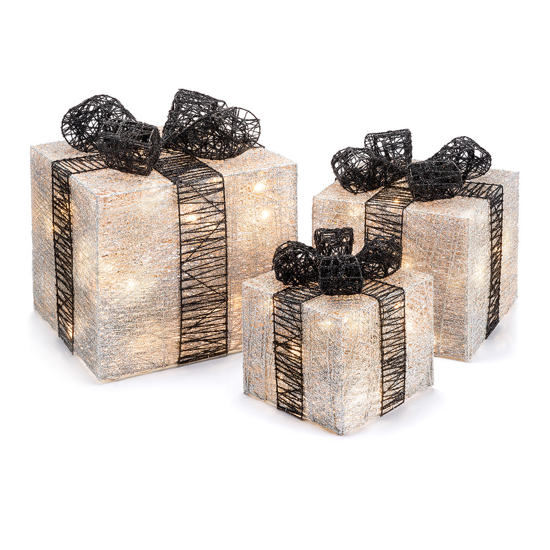 Set of three Christow Light Up Cotton Christmas Presents with glittery black ribbons and warm white LEDs