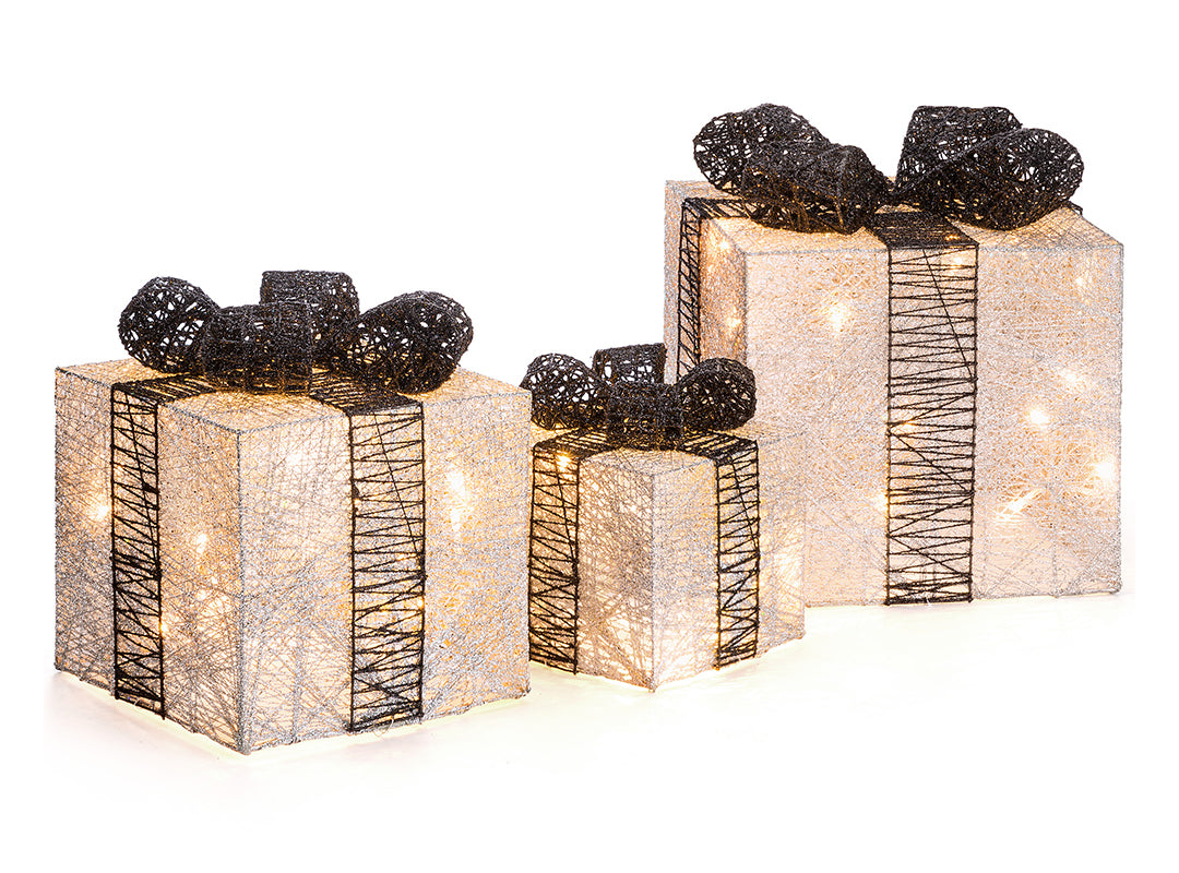 Three Christow Light Up Cotton Christmas Presents with glittery black bows and glowing warm white LEDs