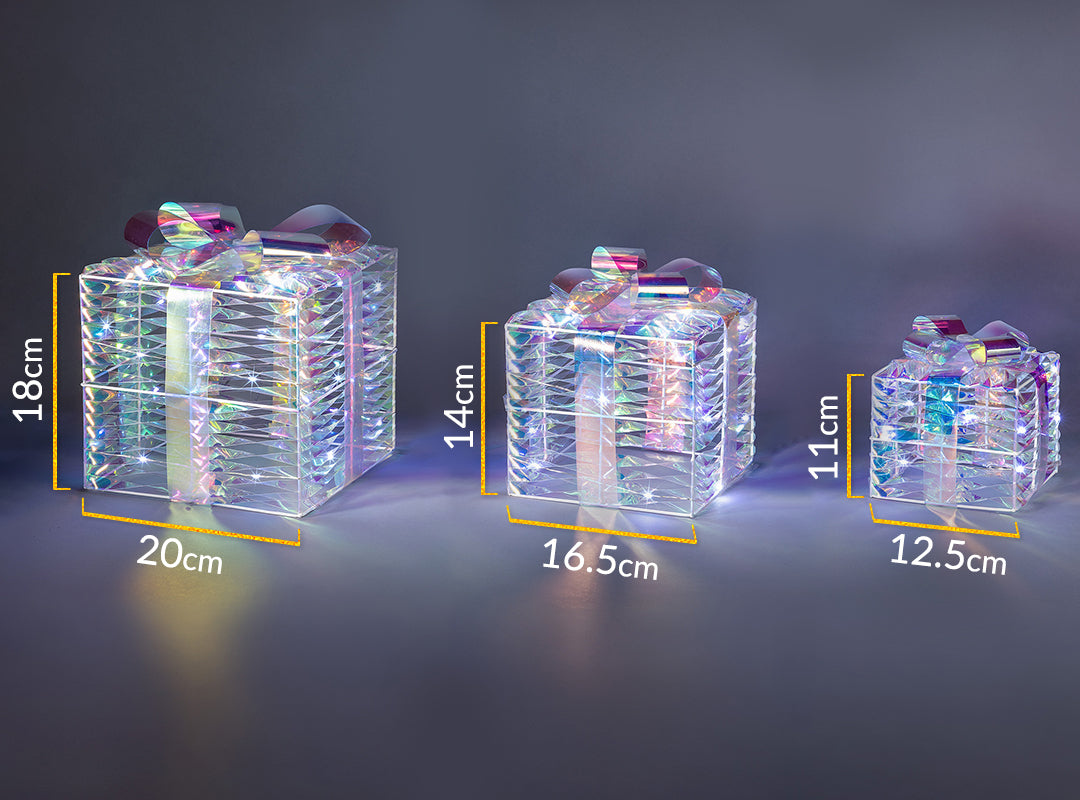 Dimensions of the Christow Light Up Iridescent Christmas Presents: large 18cm high x 20cm wide, medium 14cm high x 16.5cm wide and small 11cm high x 12.5cm wide
