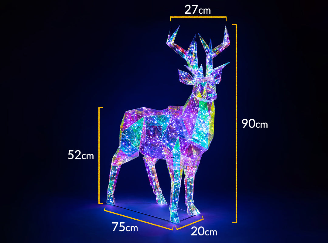 Dimensions of the Christow Large Iridescent Christmas Stag Light: 90cm high x 75cm long x 20cm deep, with 27cm wide antlers and 52cm body height