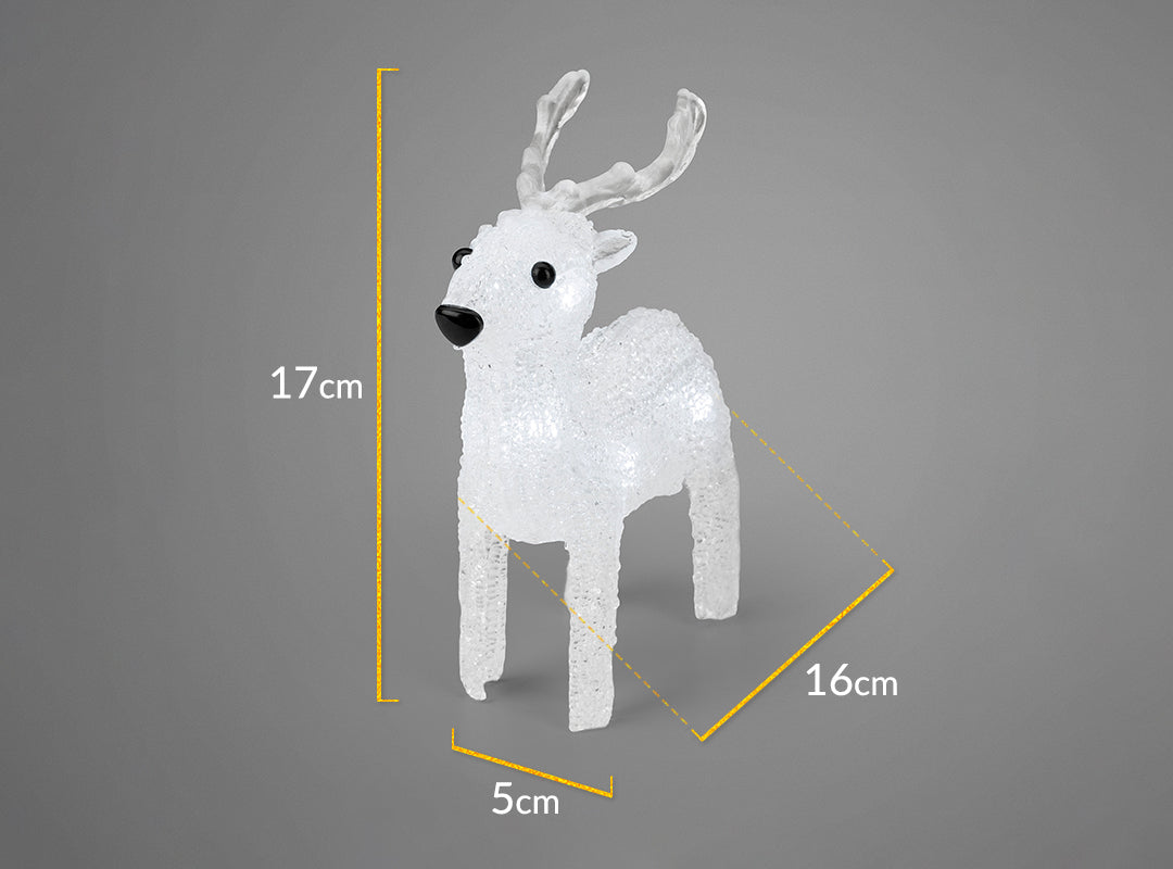 Dimensions of each Christow LED Acrylic Reindeer Light: 17cm high, 5cm wide and 16cm deep