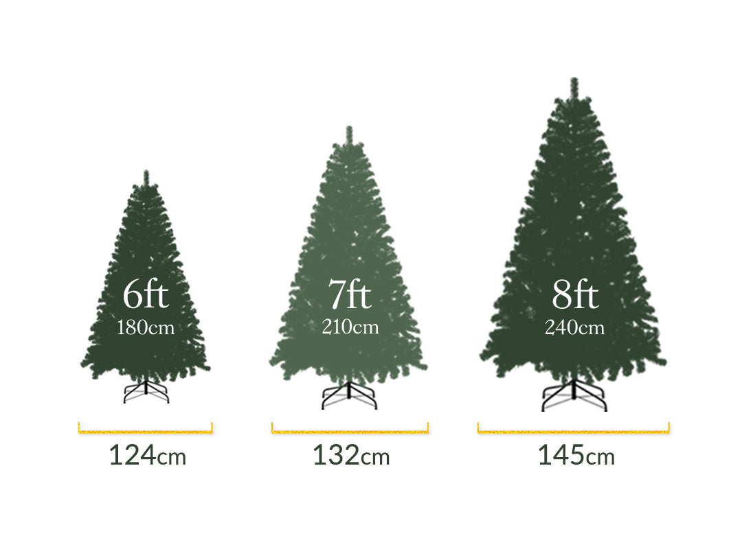Size comparison of Christow Nordmann Fir Artificial Christmas Trees in 6ft, 7ft and 8ft sizes