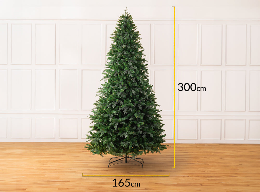 Christow Pre-Lit 10ft Fraser Fir Artificial Christmas Tree dimensions diagram showing 300cm height and 165cm width with yellow measurement lines
