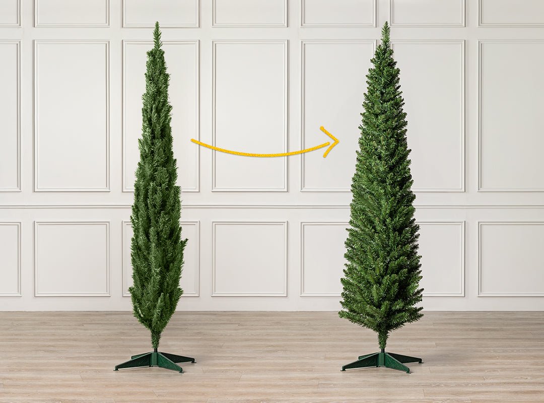 Christow Pre-Lit Artificial Pencil Christmas Tree before and after arranging and fluffing its flexible branches and tips