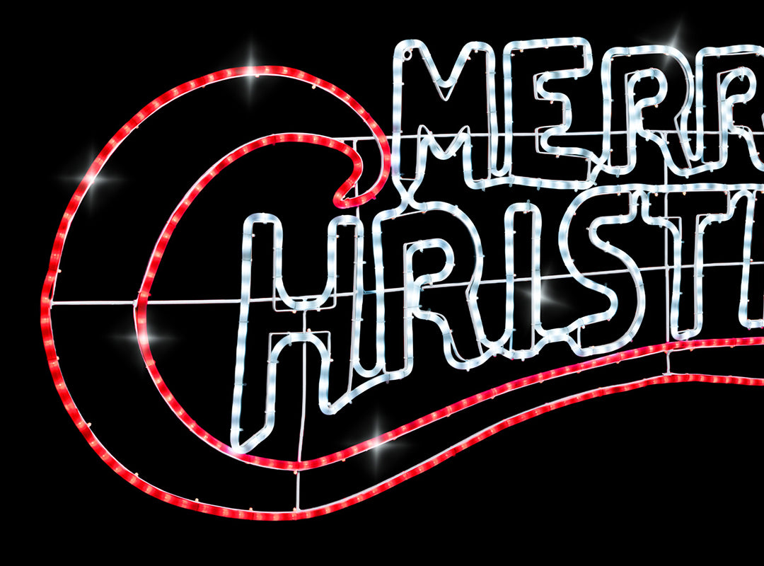 Close-up of the white Merry Christmas lettering and sweeping red rope light flourish on the Christow Merry Christmas LED Rope Light Sign