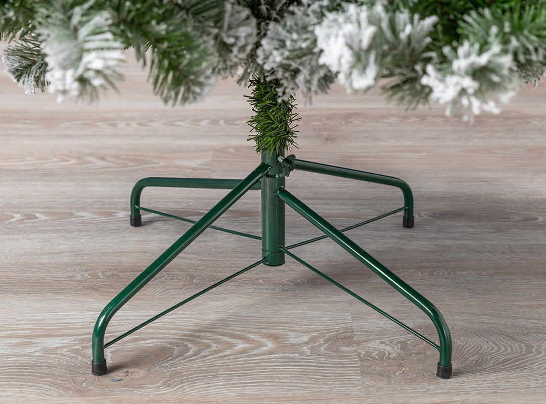 Green metal stand with securing eyebolt and rubber feet on the Christow Chamonix Spruce Flocked Artificial Christmas Tree