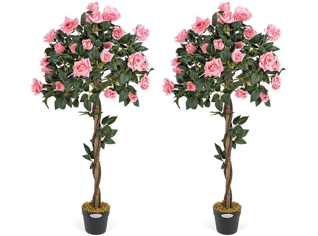Pair of Christow Artificial Pink Rose Trees in Black Pots