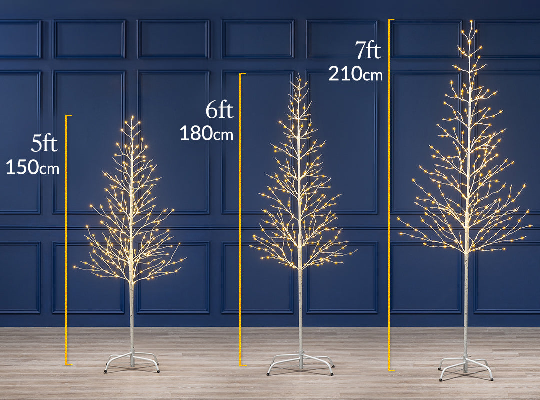 Size comparison of Christow White LED Christmas Twig Trees in 5ft (150cm), 6ft (180cm) and 7ft (210cm) heights