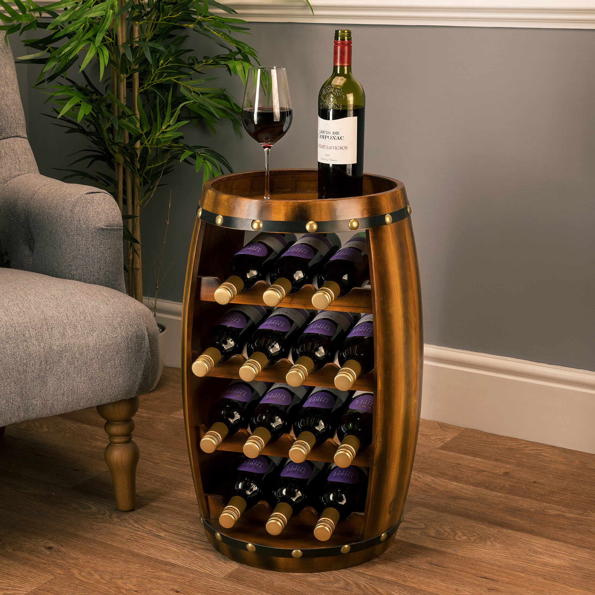 Wooden Barrel Wine Rack (14 Bottle)