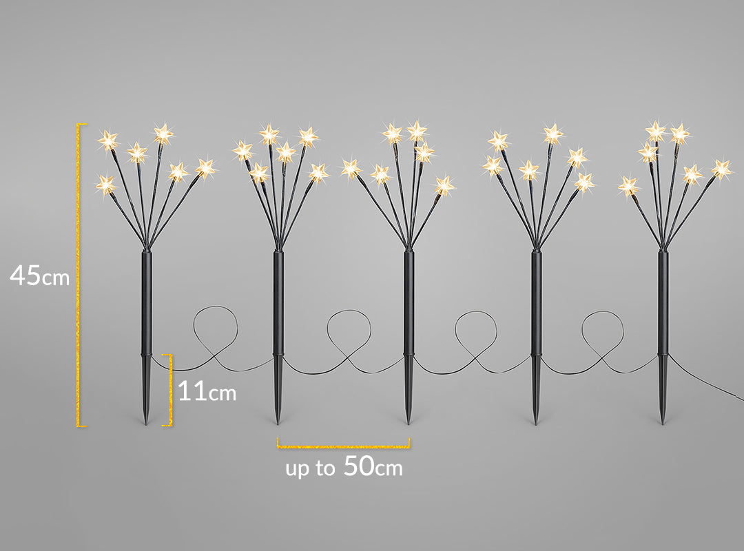Dimensions of the Christow 45cm Star Branch Path Lights: each light measures 45cm high including an 11cm ground stake, with up to 50cm spacing between