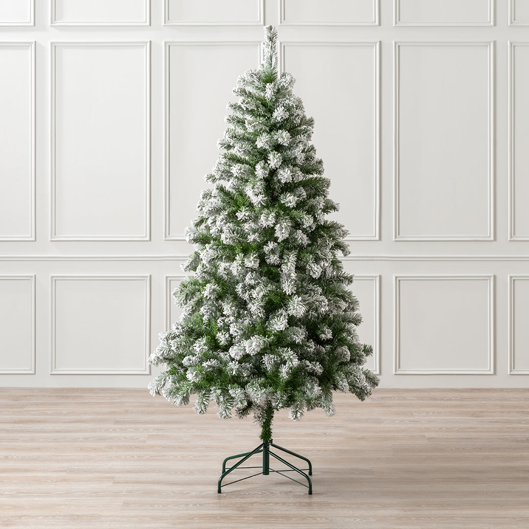 Christow Chamonix Spruce Flocked Artificial Christmas Tree with a bushy, tapered shape and snow-dusted green branches