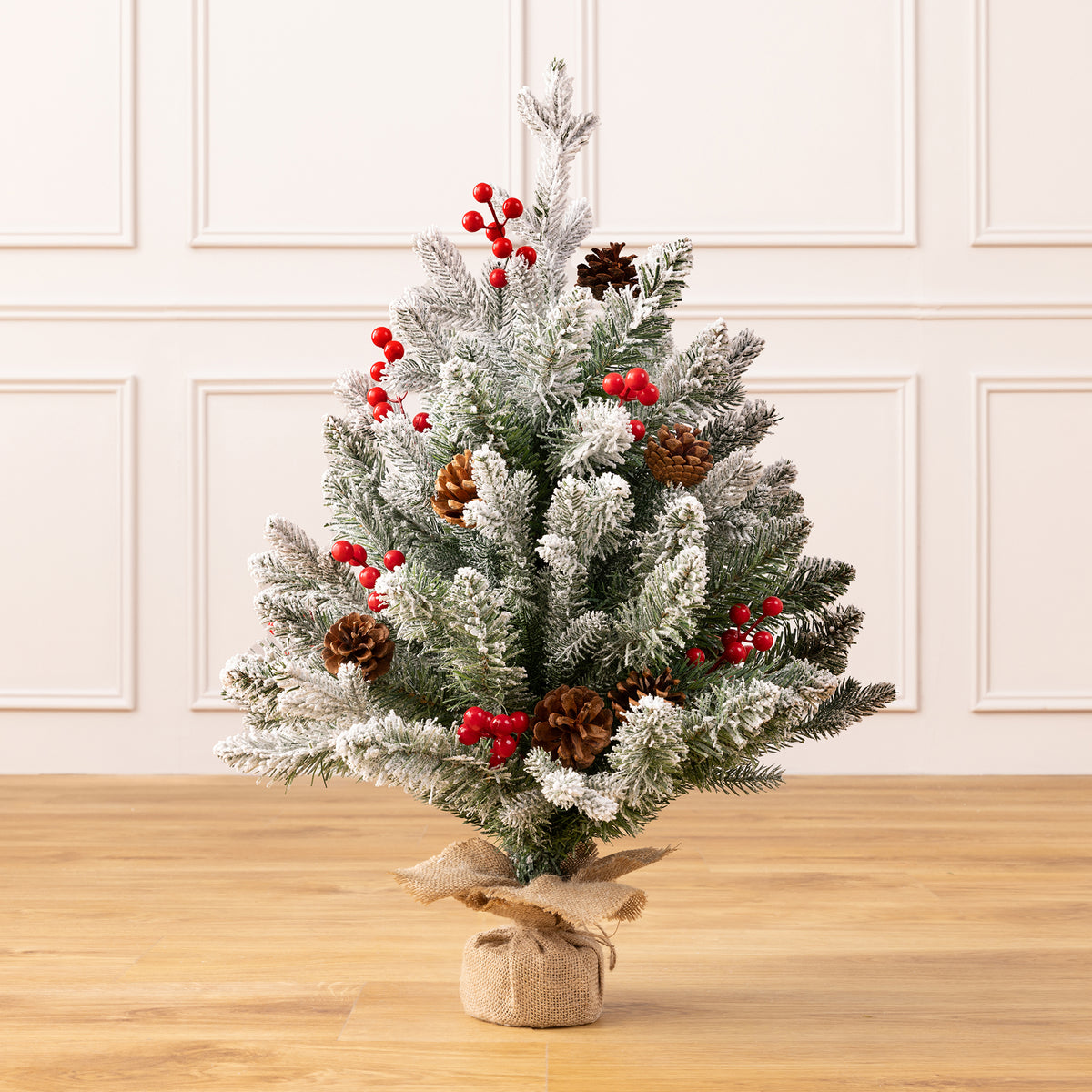 2ft Mini Flocked Artificial Christmas Tree with Pine Cones & Berries