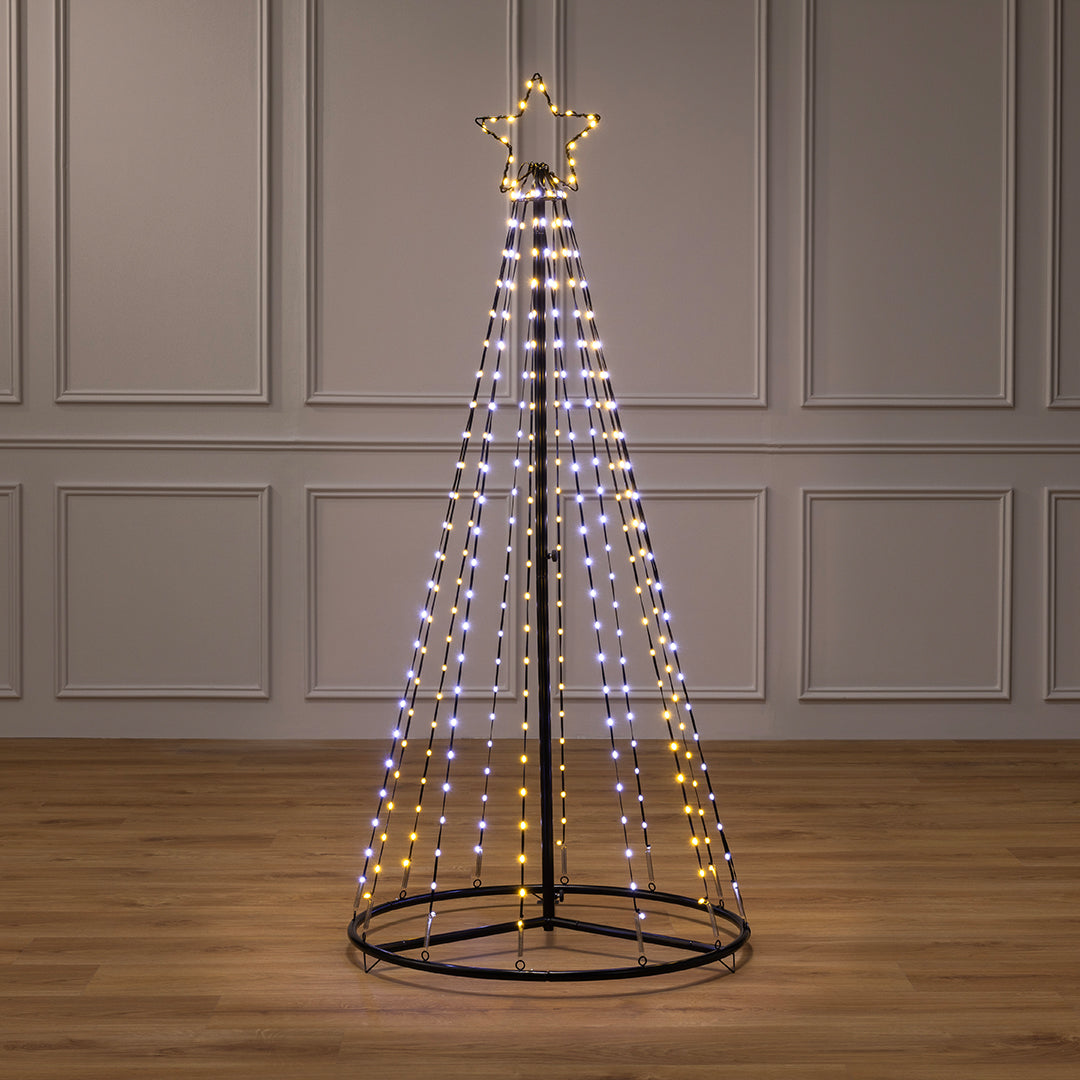 Christow Snowfall LED Maypole Christmas Tree with mixed warm white and cool white LED lights and illuminated star topper on black metal frame