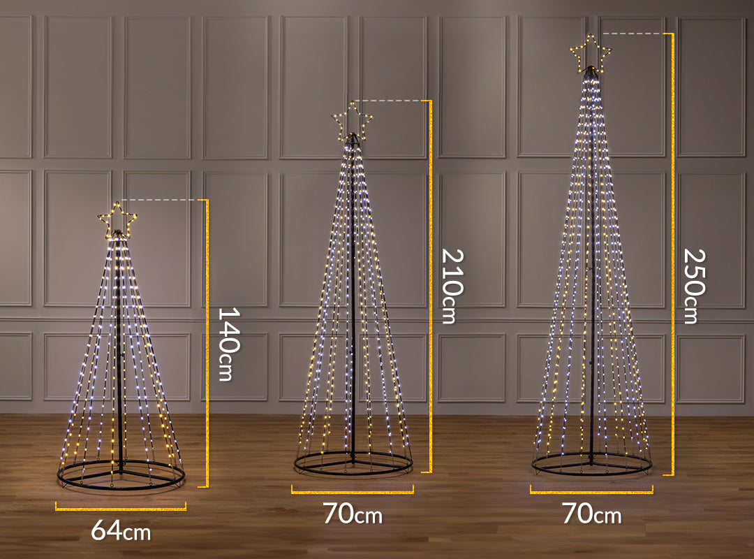 Christow Snowfall LED Maypole Christmas Tree size comparison showing 140cm, 210cm and 250cm variants with dimension measurements