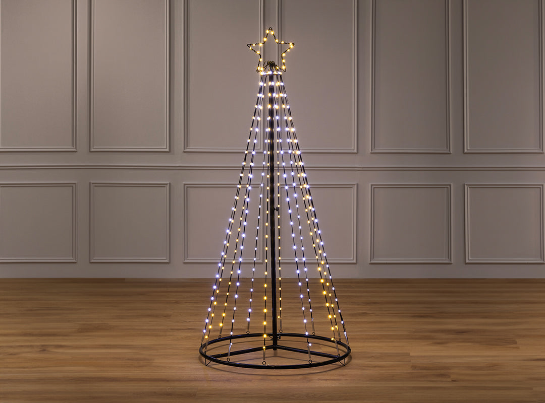 Christow Snowfall LED Maypole Christmas Tree with mixed warm white and cool white LED lights and illuminated star topper on black metal frame