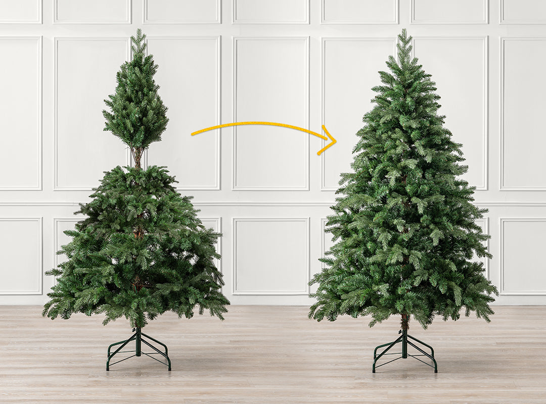 Christow Fraser Fir Artificial Christmas Tree before and after assembly, arranging and fluffing the hinged branches