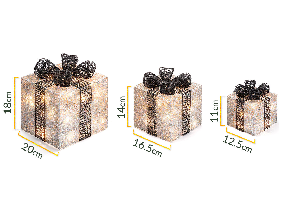 Dimensions of the Christow Light Up Cotton Christmas Presents: large 18cm high x 20cm wide, medium 14cm high x 16.5cm wide, small 11cm high x 12.5cm wide