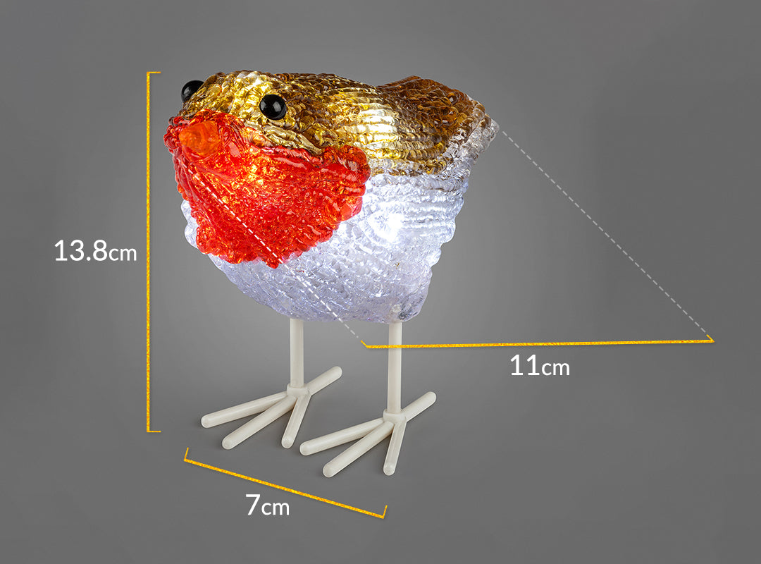 Dimensions of each Christow LED Acrylic Robin Light: 13.8cm high, 7cm wide and 11cm deep