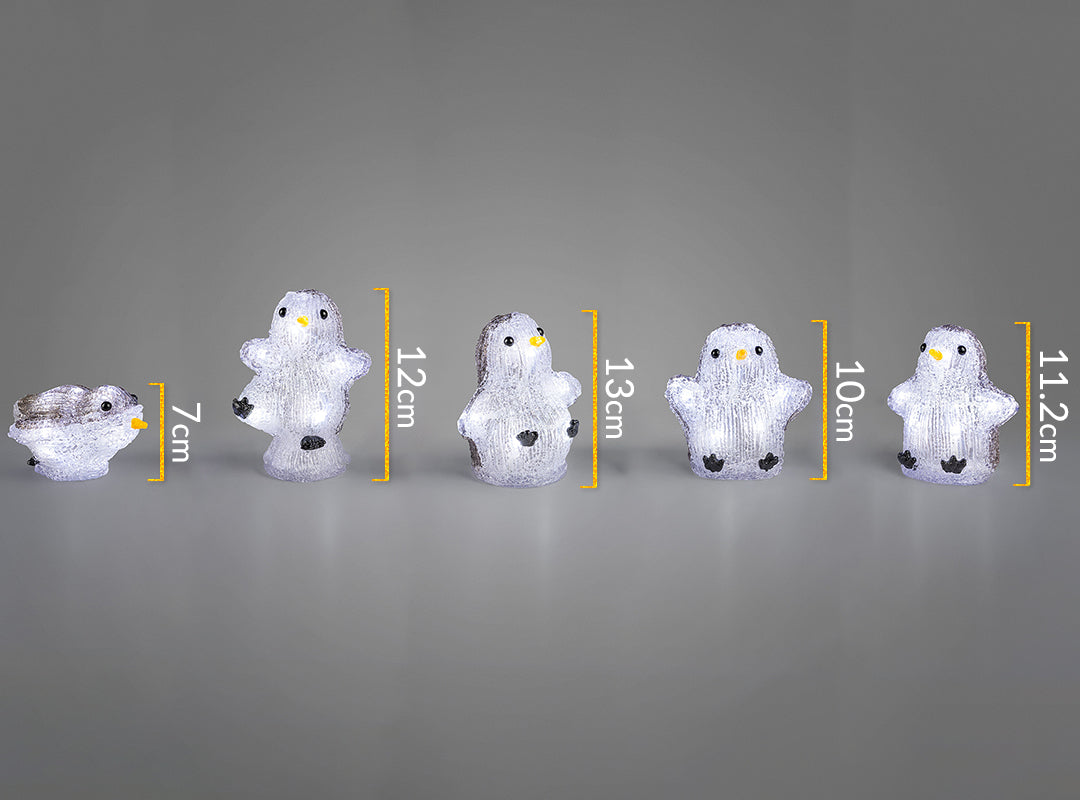 Dimensions of the five Christow LED Acrylic Penguin Lights: 7cm, 12cm, 13cm, 10cm and 11.2cm high