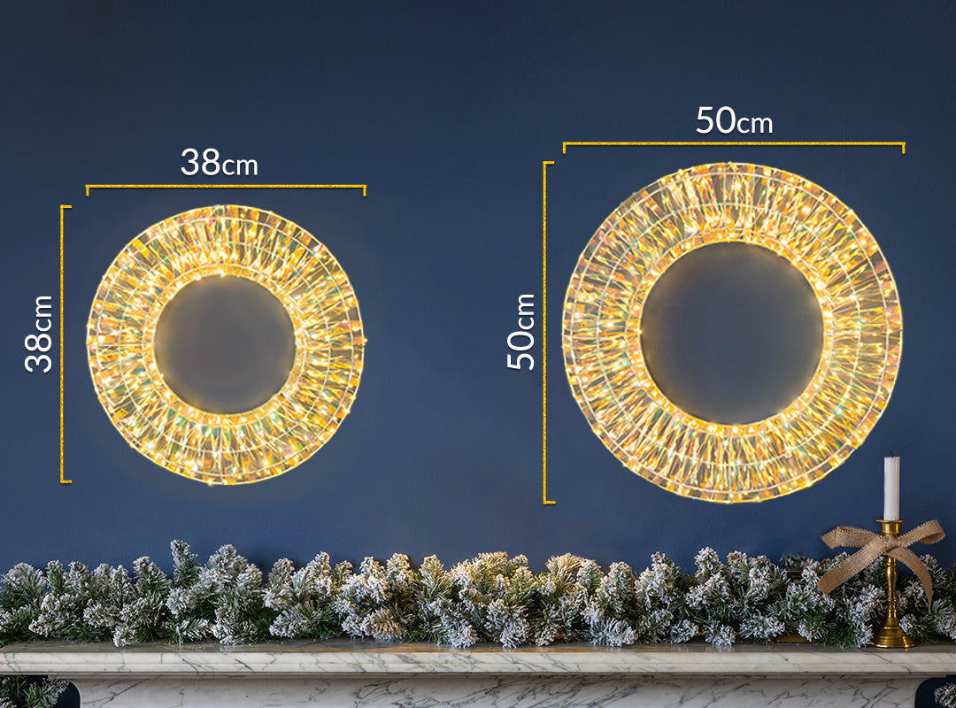 Size comparison of Christow Iridescent Warm White LED Christmas Wreaths in 38cm and 50cm diameters