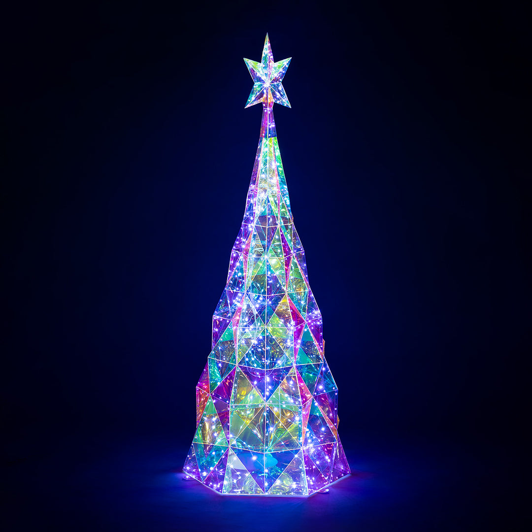 Christow Large Iridescent Christmas Tree with shimmering rainbow-effect panels and white LEDs glowing against a dark background