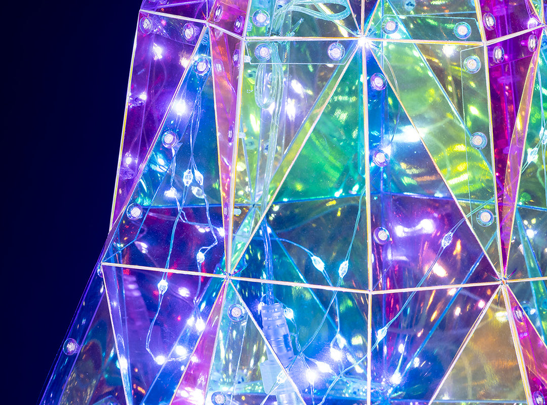 Close-up of the white LEDs and shimmering iridescent panels on the Christow Large Iridescent Christmas Tree