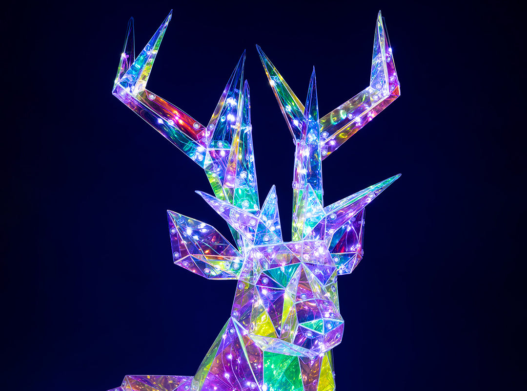 Close-up of the illuminated head and antlers on the Christow Large Iridescent Christmas Stag Light