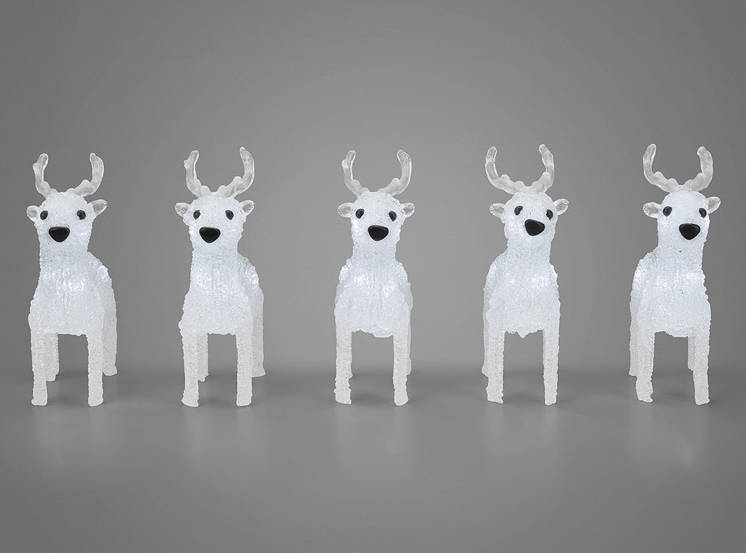 Five clear acrylic reindeer lined up from the Christow Set of 5 LED Acrylic Reindeer Lights