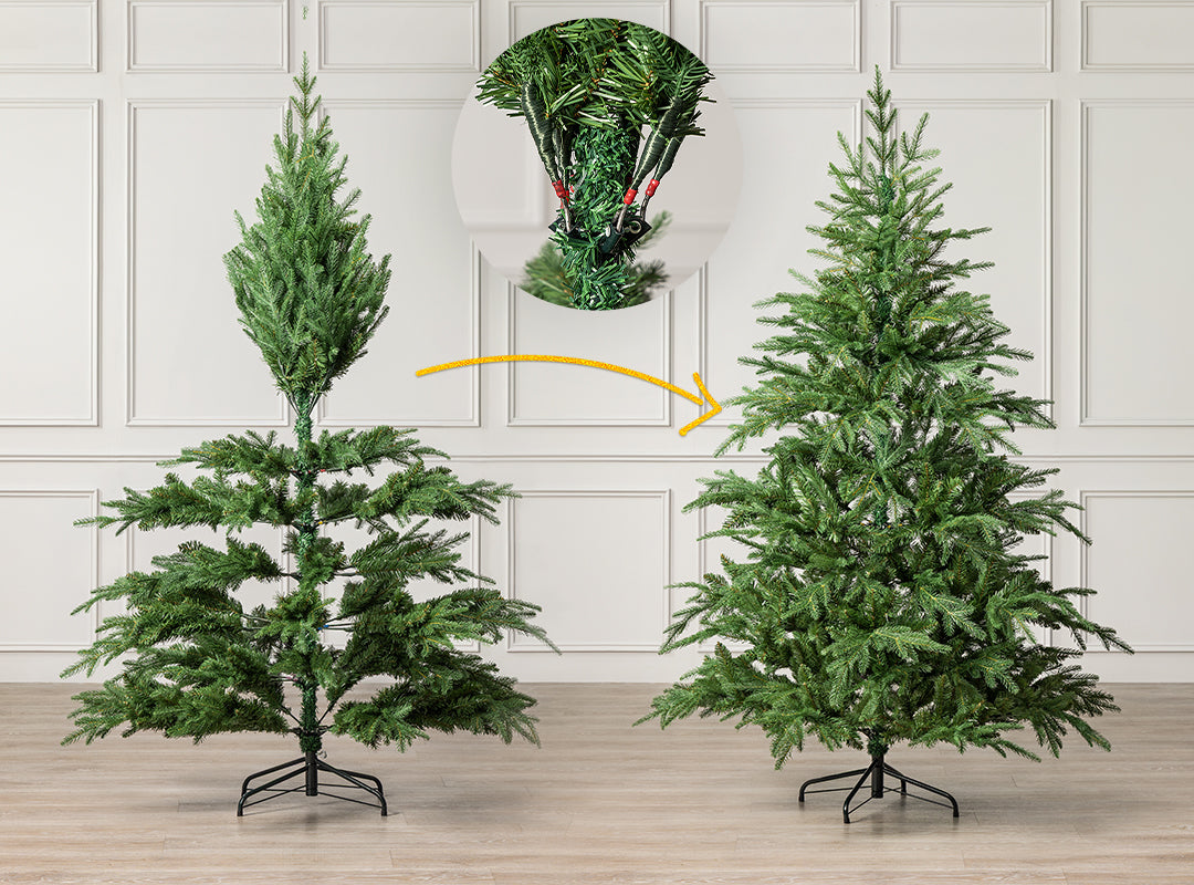 Christow Nordmann Fir Artificial Christmas Tree before and after arranging and fluffing, with a close-up of the hinged branches