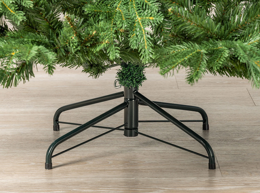 Green metal stand with securing eyebolt and rubber feet on the Christow Nordmann Fir Artificial Christmas Tree