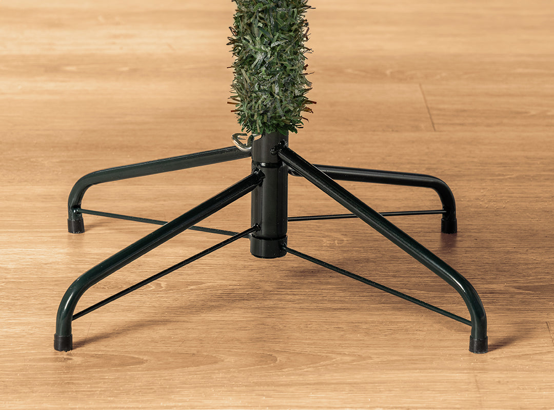 Green metal stand with securing eyebolt and rubber feet on the Christow Valmorel Flocked Artificial Christmas Tree