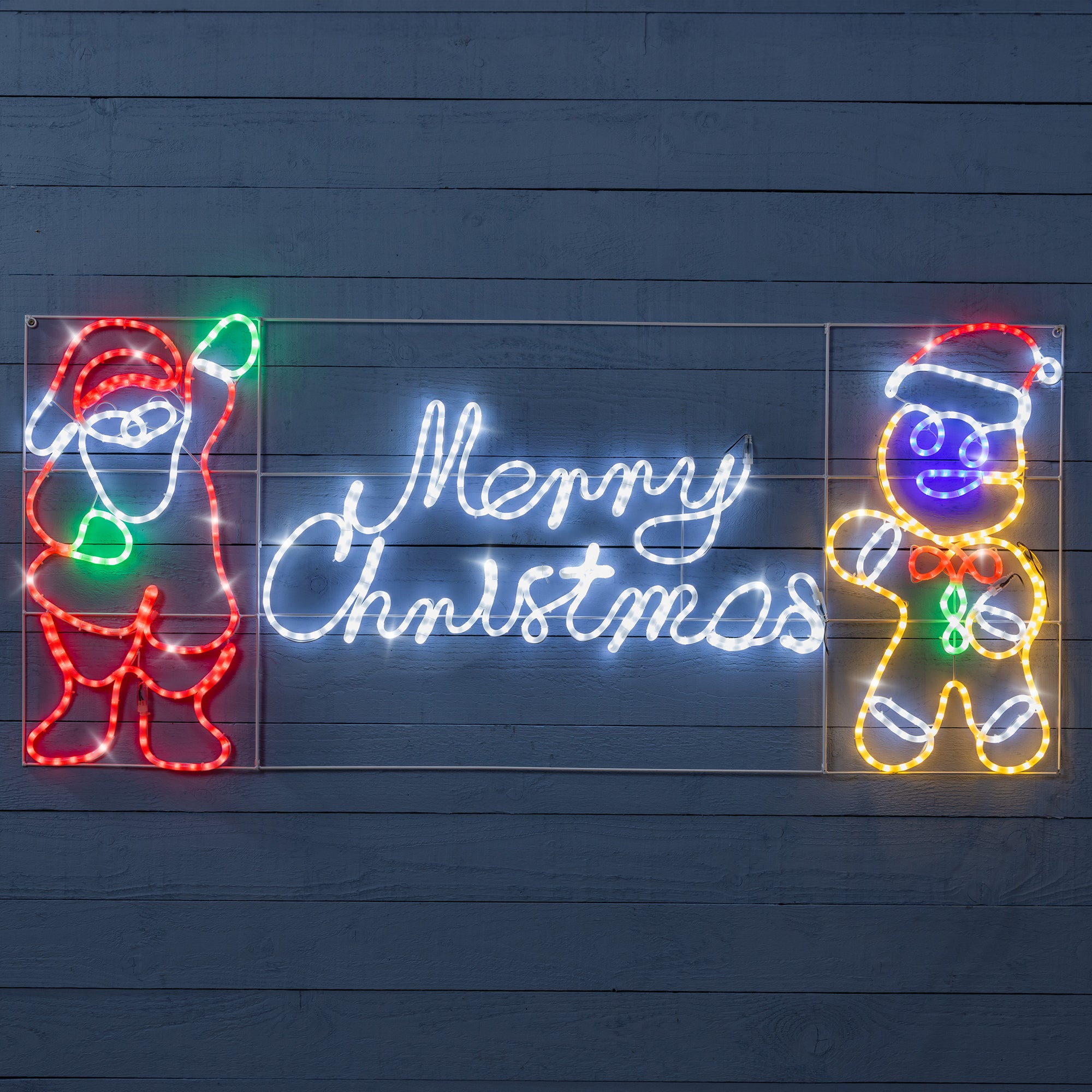 Merry Christmas Rope Light Sign with Santa & Gingerbread Man