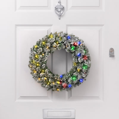 Snow-Flocked Pre-Lit Christmas Wreath