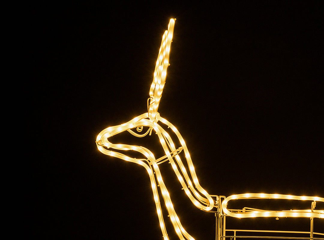 Close-up of the head and antlers of the large stag on the Christow Warm White LED Reindeer, showing warm white LEDs glowing brightly from within the rope light tubing against a black background